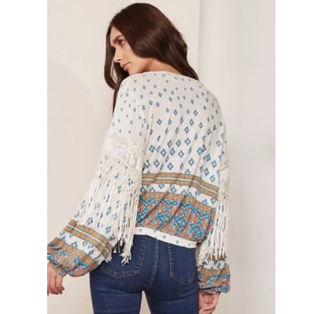 Free People Fringe Print V-neck Long Sleeve Blouse - Picture 3 of 6